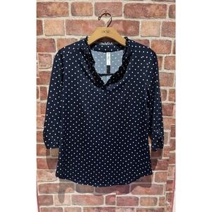 PerSeption Concept Blouse Women's Size S Navy Blue Polka Dot Long Slv V-Neck